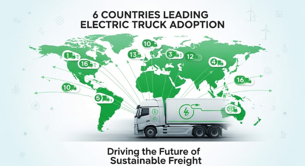 Electric trucks on the road in leading countries adopting EV trucks, including China, USA, and Germany