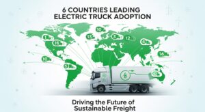 Electric trucks on the road in leading countries adopting EV trucks, including China, USA, and Germany