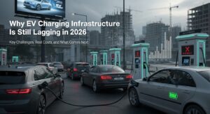 Electric vehicle charging station with limited chargers and long waiting lines, highlighting EV charging infrastructure challenges in 2026