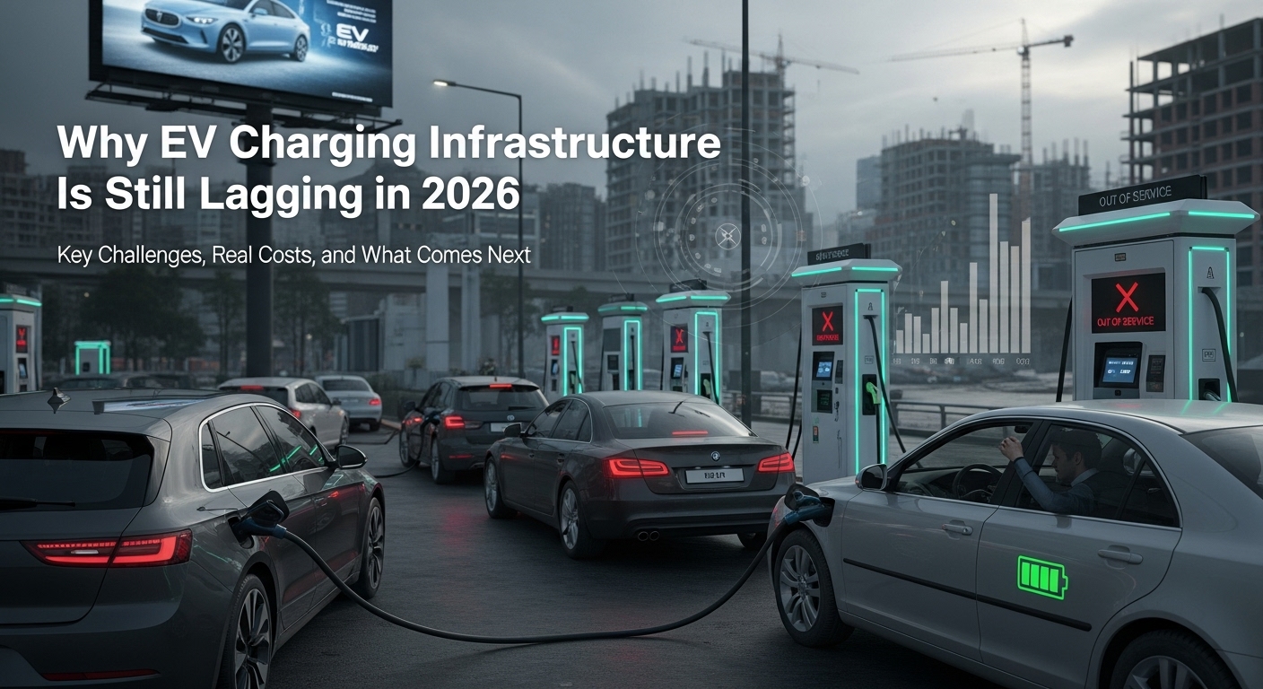 Electric vehicle charging station with limited chargers and long waiting lines, highlighting EV charging infrastructure challenges in 2026