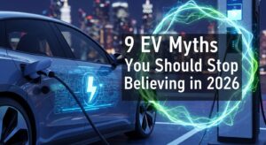 Illustration of a modern electric car debunking common EV myths in 2026