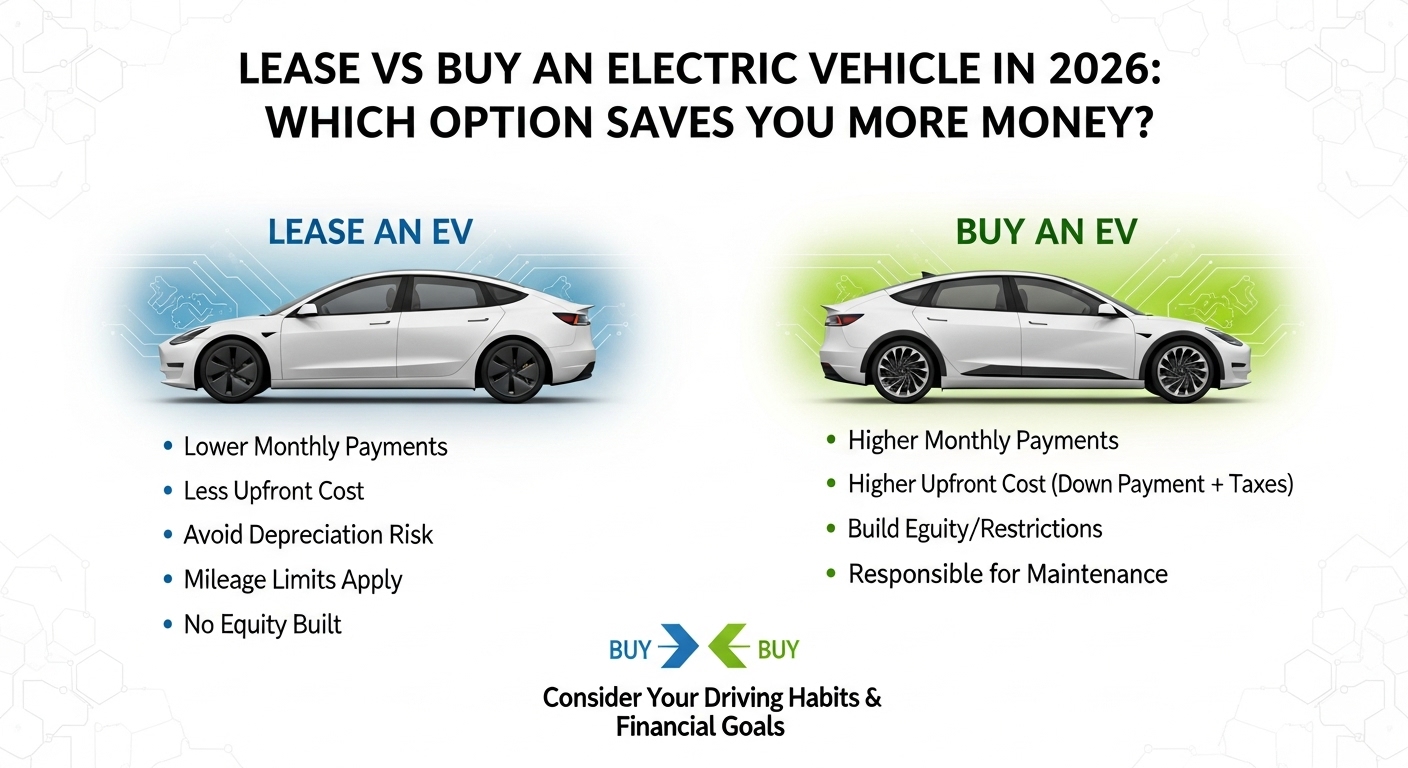 Lease vs Buy an Electric Vehicle in 2026 comparison showing cost, monthly payments, and ownership benefits