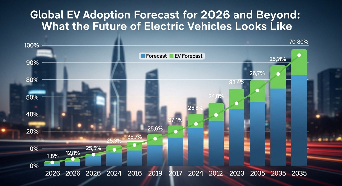 Graph showing global electric vehicle adoption trends and forecasts from 2026 onwards, highlighting growth in EV sales worldwide