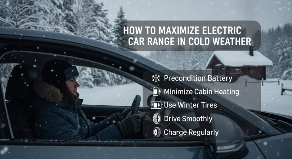 Electric car driving on a snowy road with battery efficiency indicators showing optimal cold-weather performance.