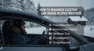Electric car driving on a snowy road with battery efficiency indicators showing optimal cold-weather performance.