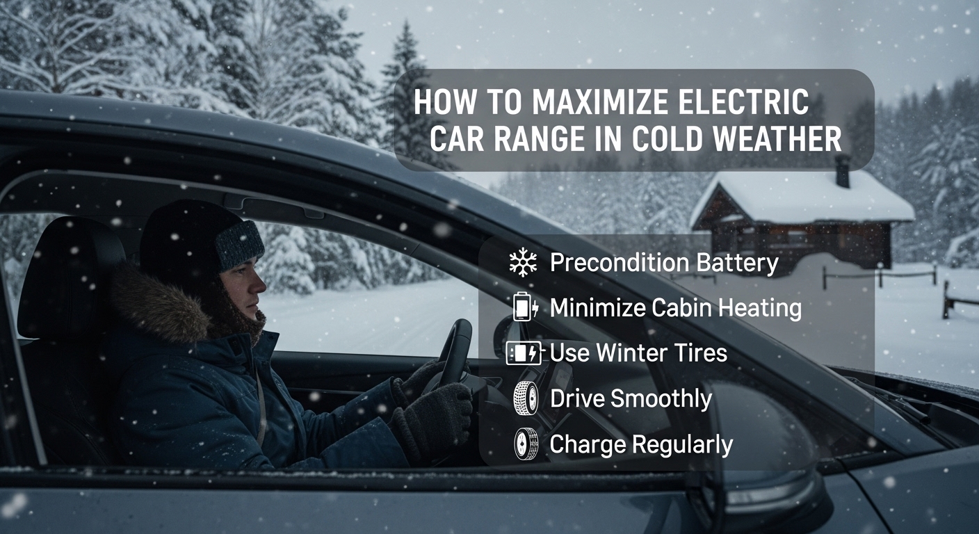 Electric car driving on a snowy road with battery efficiency indicators showing optimal cold-weather performance.