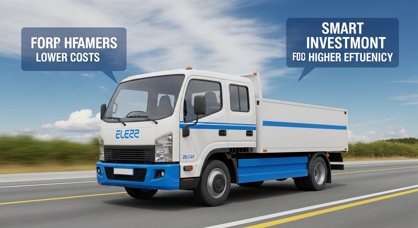 Electric work truck for small business fleet parked at commercial warehouse