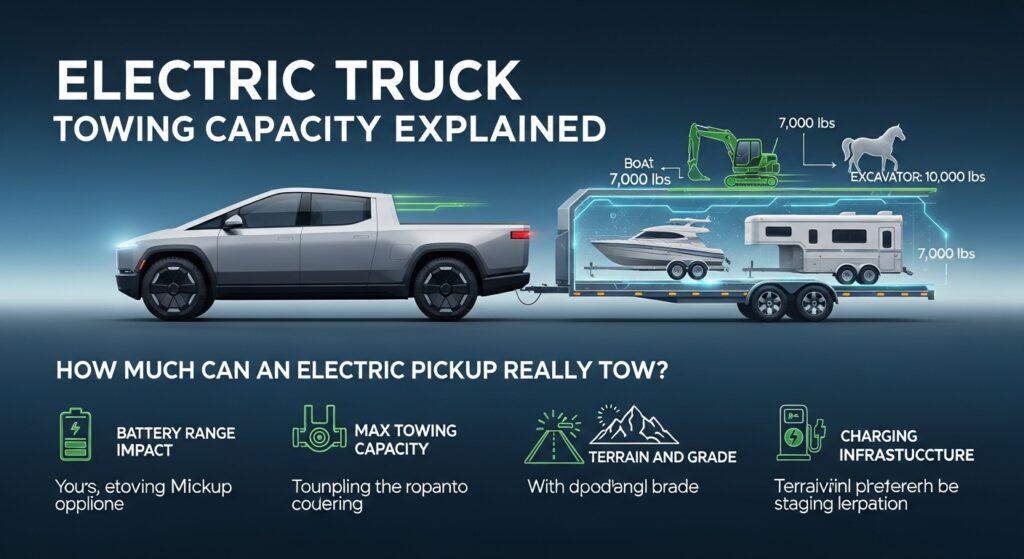 Electric truck towing a heavy trailer on highway demonstrating maximum towing capacity