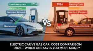 Electric car vs gas car comparison showing EV charging station and gasoline pump with cost efficiency and environmental impact differences