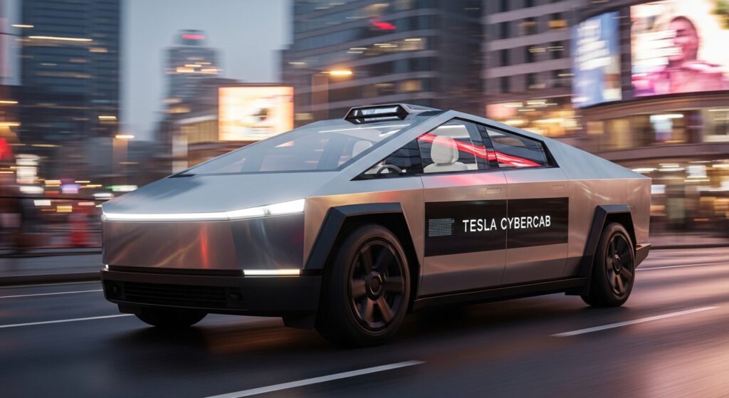 Tesla Cybercab autonomous electric taxi by Tesla with futuristic design and self-driving technology