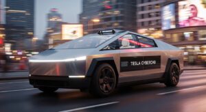 Tesla Cybercab autonomous electric taxi by Tesla with futuristic design and self-driving technology