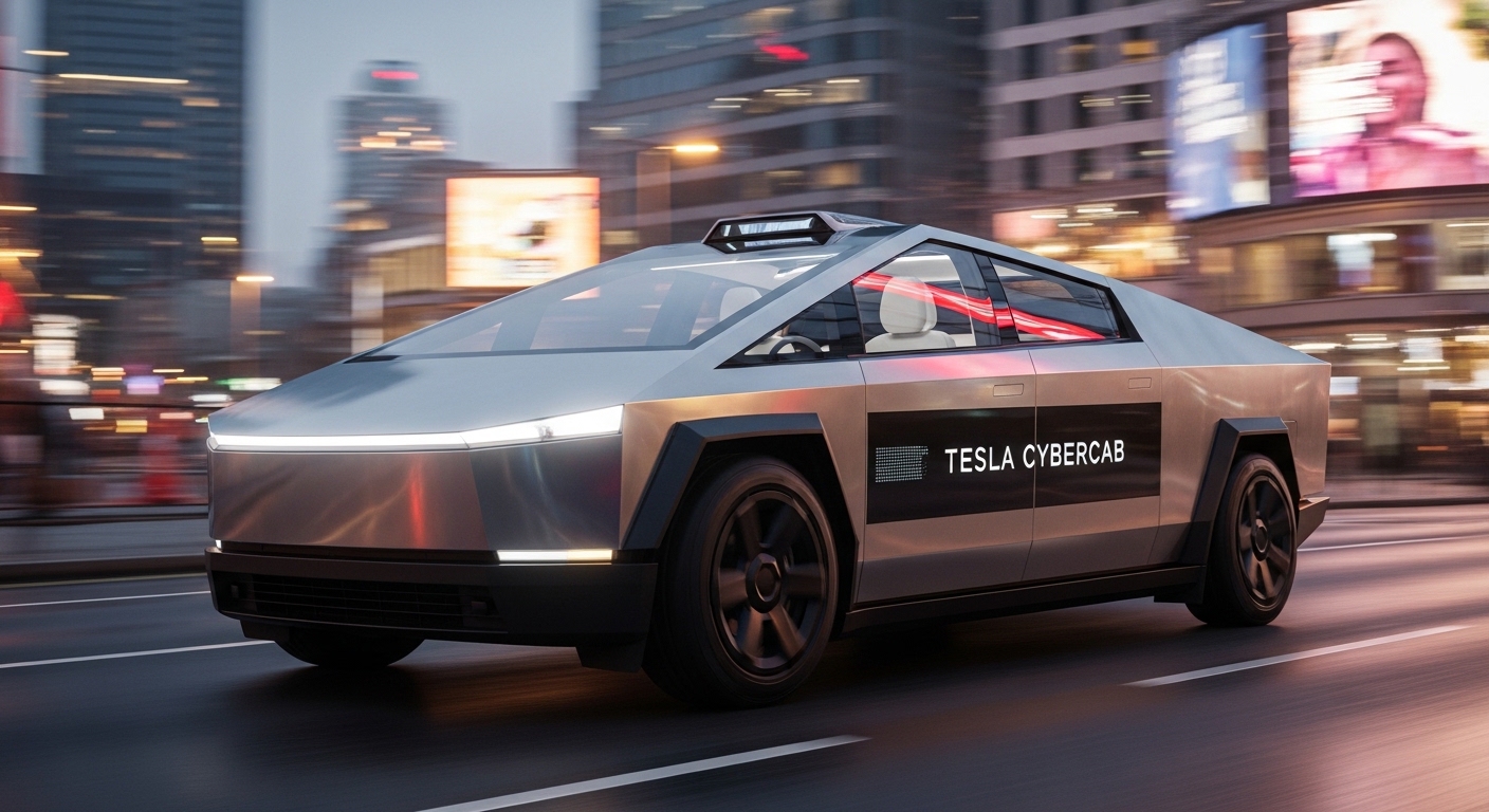 Tesla Cybercab autonomous electric taxi by Tesla with futuristic design and self-driving technology