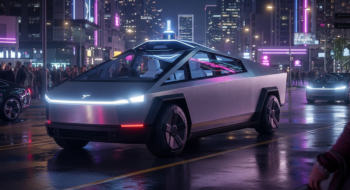 Tesla Cybercab autonomous electric taxi by Tesla with futuristic design and self-driving technology