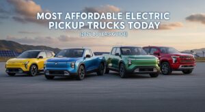 Most affordable electric pickup trucks today parked side by side showcasing budget-friendly EV truck options