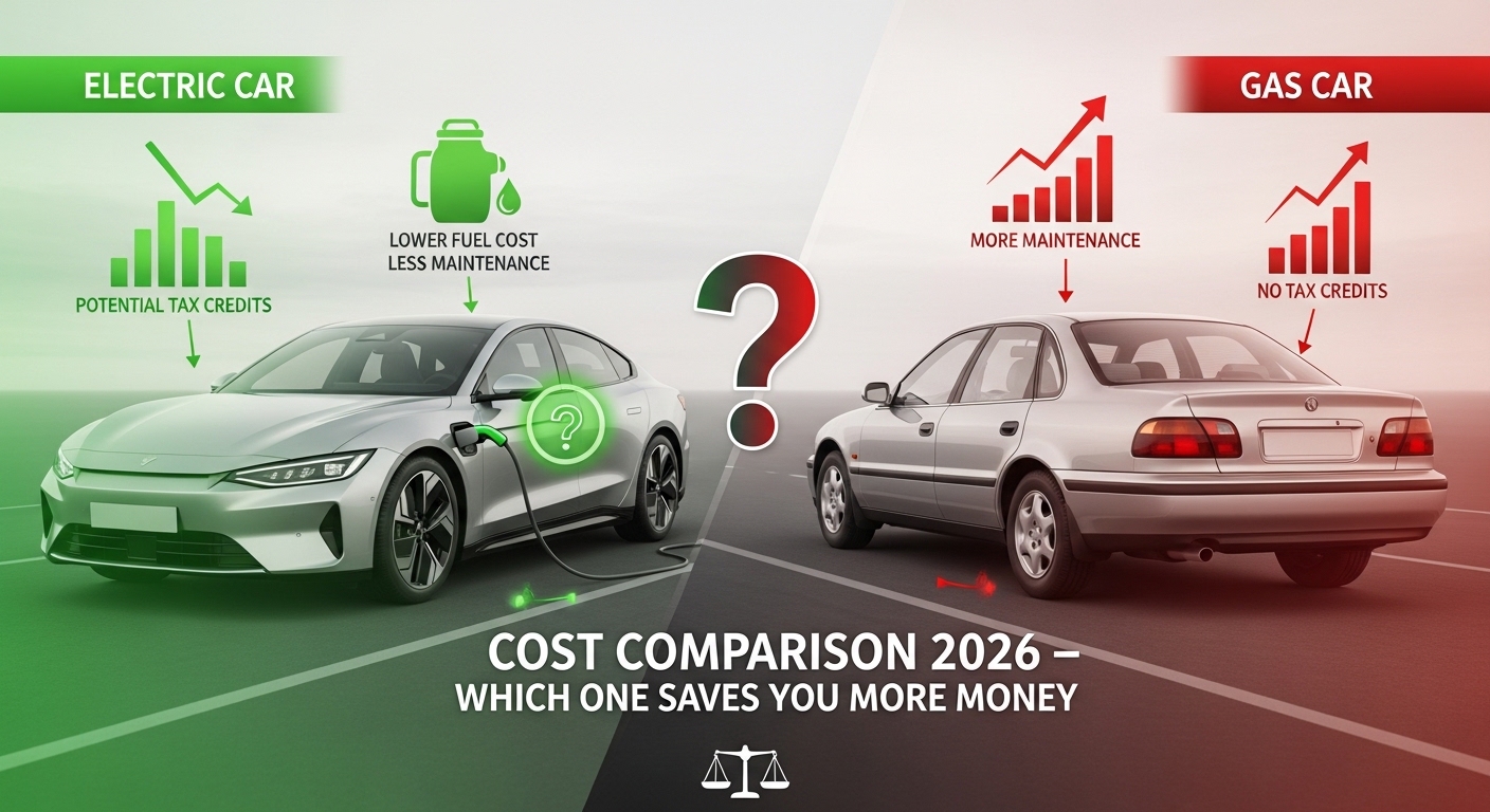 Electric car vs gas car comparison showing EV charging station and gasoline pump with cost efficiency and environmental impact differences