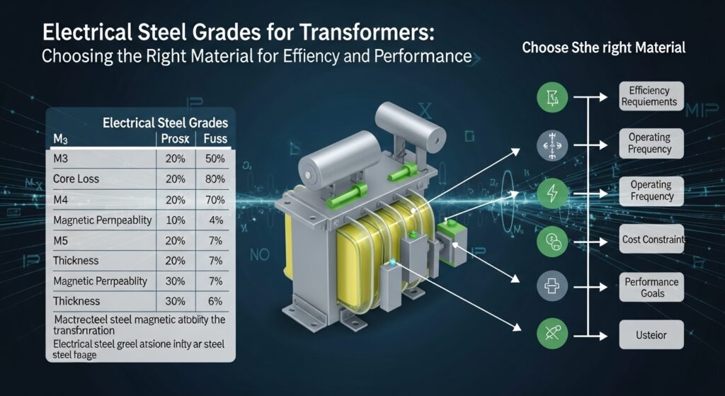 Electrical steel grades used in power transformers showing grain-oriented and non-grain-oriented steel sheets