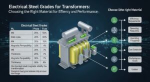 Electrical steel grades used in power transformers showing grain-oriented and non-grain-oriented steel sheets
