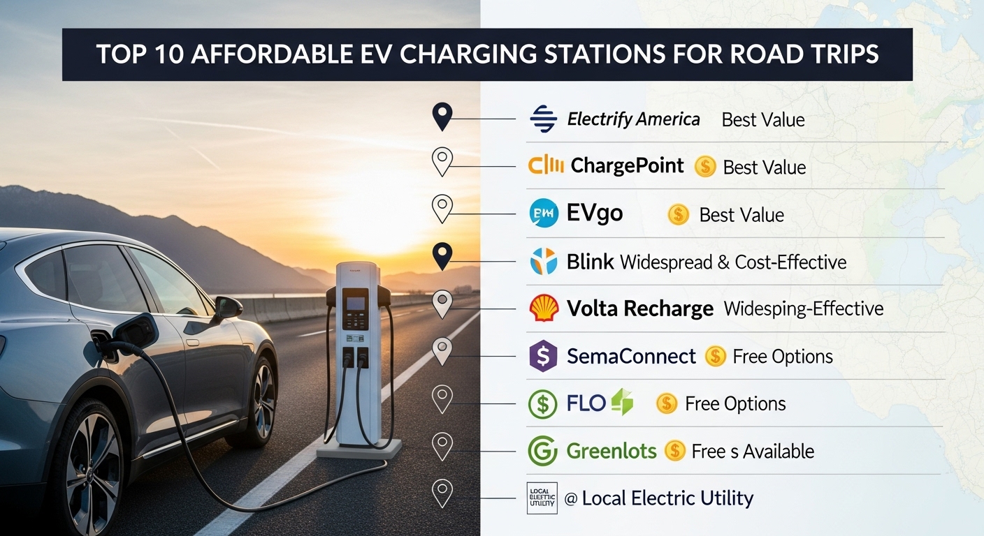 Affordable EV charging stations along a highway, electric cars charging during a long-distance road trip