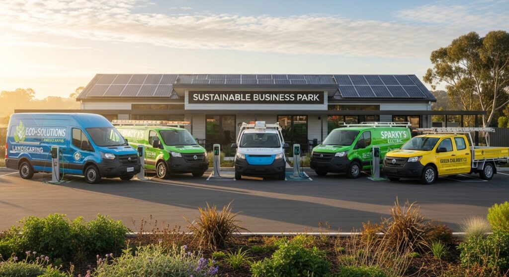 Electric work truck for small business fleet parked at commercial warehouse