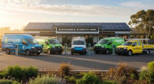 Electric work truck for small business fleet parked at commercial warehouse