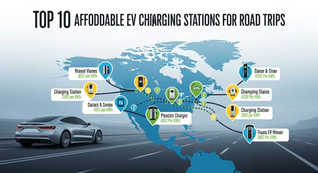 Affordable EV charging stations along a highway, electric cars charging during a long-distance road trip