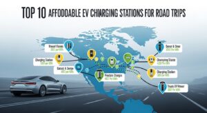 Affordable EV charging stations along a highway, electric cars charging during a long-distance road trip