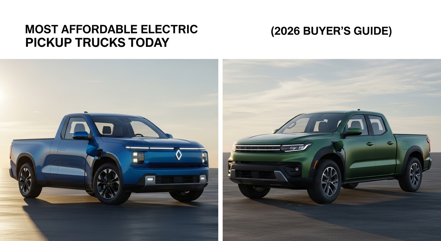 Most affordable electric pickup trucks today parked side by side showcasing budget-friendly EV truck options