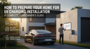 Preparing a home garage for EV charging installation with a wall-mounted electric vehicle charger and electrical panel upgrade