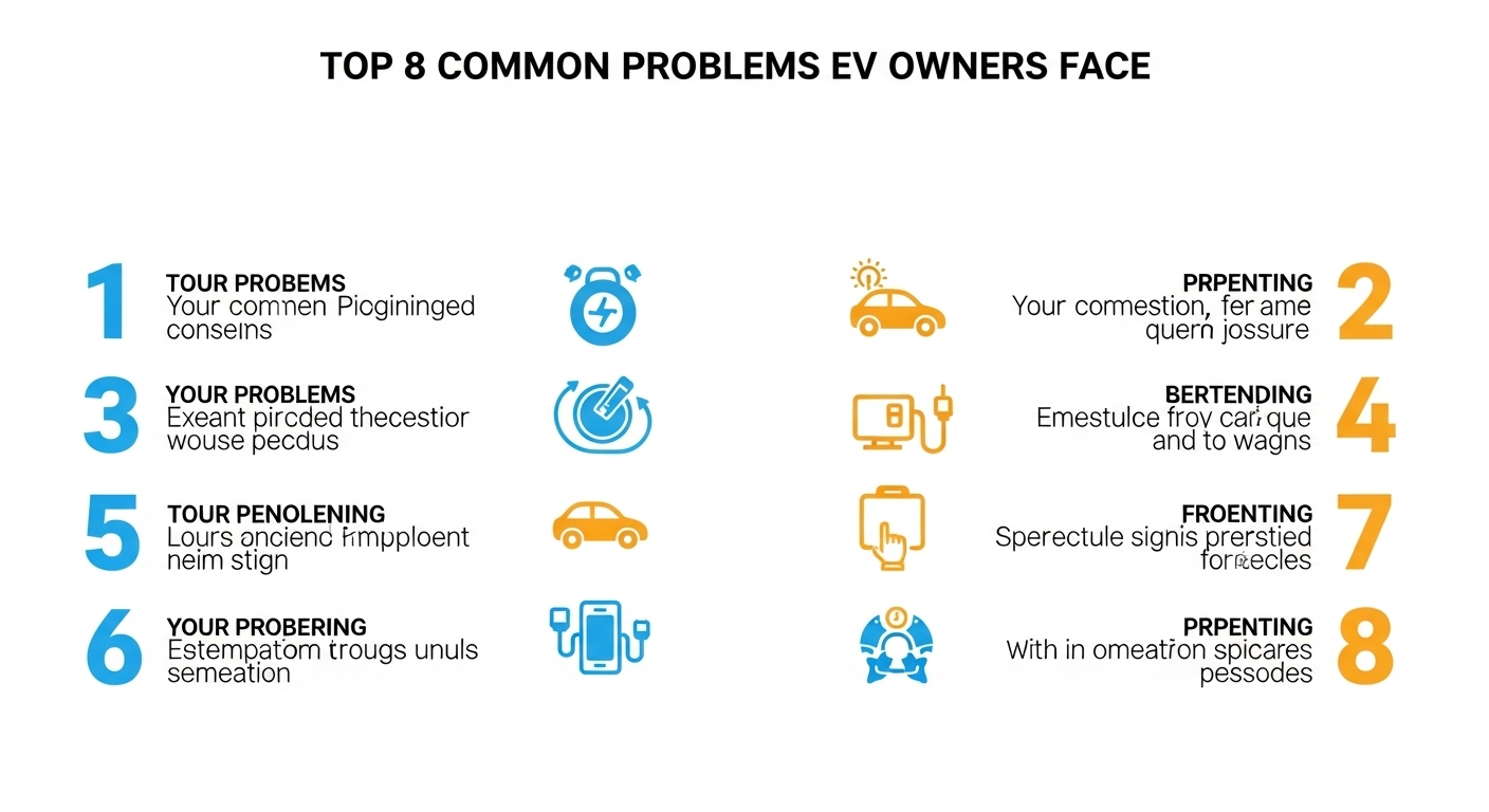Top 8 common problems faced by electric vehicle owners including battery issues, charging difficulties, and maintenance challenges