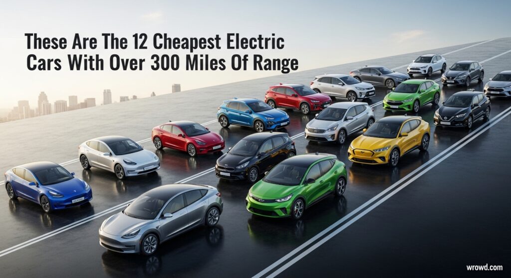 Cheapest electric cars with over 300 miles of range comparison chart showing affordable long-range EV models for 2026