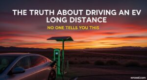 The truth about driving an electric vehicle long distance showing EV charging at highway station during road trip